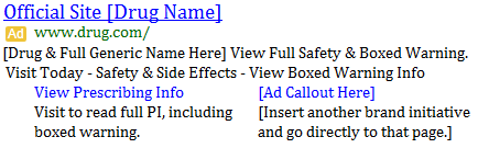 Example of brand and generic name pharmaceutical ad directing users to the boxed warning and prescribing information included in the site links themselves and their descriptions.